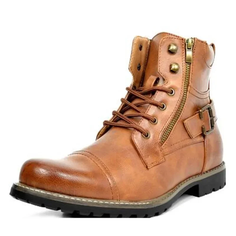 Fashion Men Boots Leather Round Toe Grid Pattern Square Heel Males Shoes Exquisite Leisure Design Men Motorcycle Boot Size 38-48 image 4