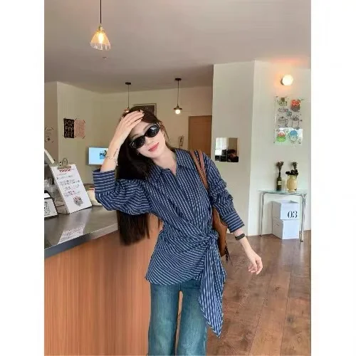 

Женская приталенная рубашка с вертикальными полосками, поясом на талии, воротником-стойкой, модная офисная блузка с длинным рукавом