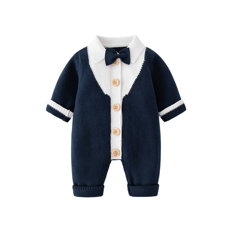 Spring Autumn Newborn Boys Bodysuit Fake Two Pieces Bowknot Patch Infant Boy Romper British Style 100% Cotton Baby Boys Jumpsuit