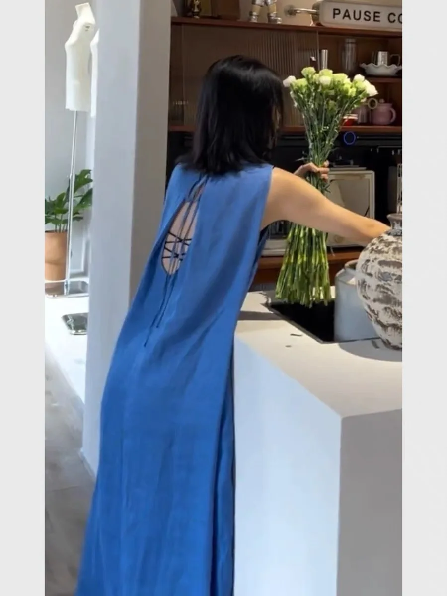 Klein bleu été Bal Svel Dr femmes plage Vaion jupe longue taille haute a-ligne coréenne Sle décontracté rond Ne
