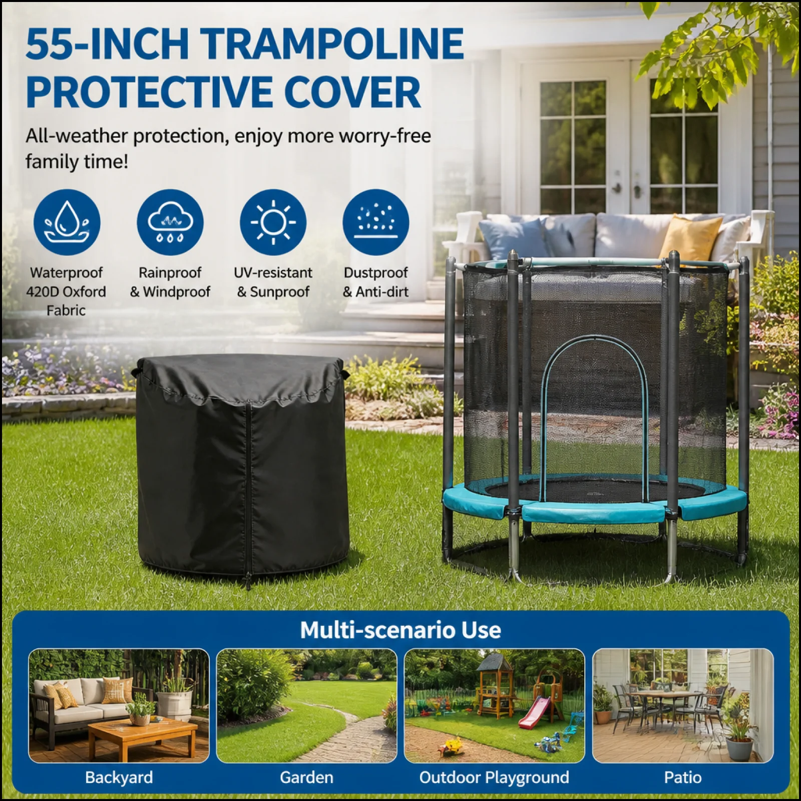 

Outdoor Trampoline Cover 55 Inch Waterproof Oxford Cloth Protective Mat for Children’s Round Trampoline Yard