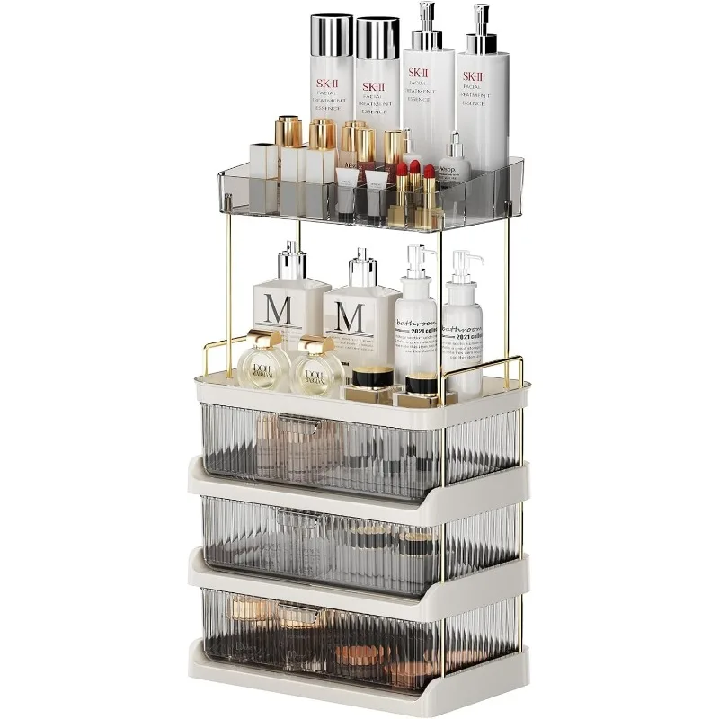 

Makeup Organizer with 3 Drawers and Removable of Top Lipstick Holders, Bathroom Organizer and Dresser Storage, Vanity Countertop