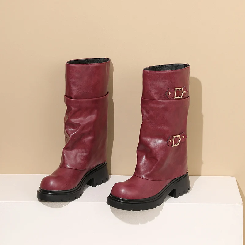 

2025 Europe and The United States Fashion Platform Thick Heel 5CM Knee-high Daily Round Head Punk Style Boots