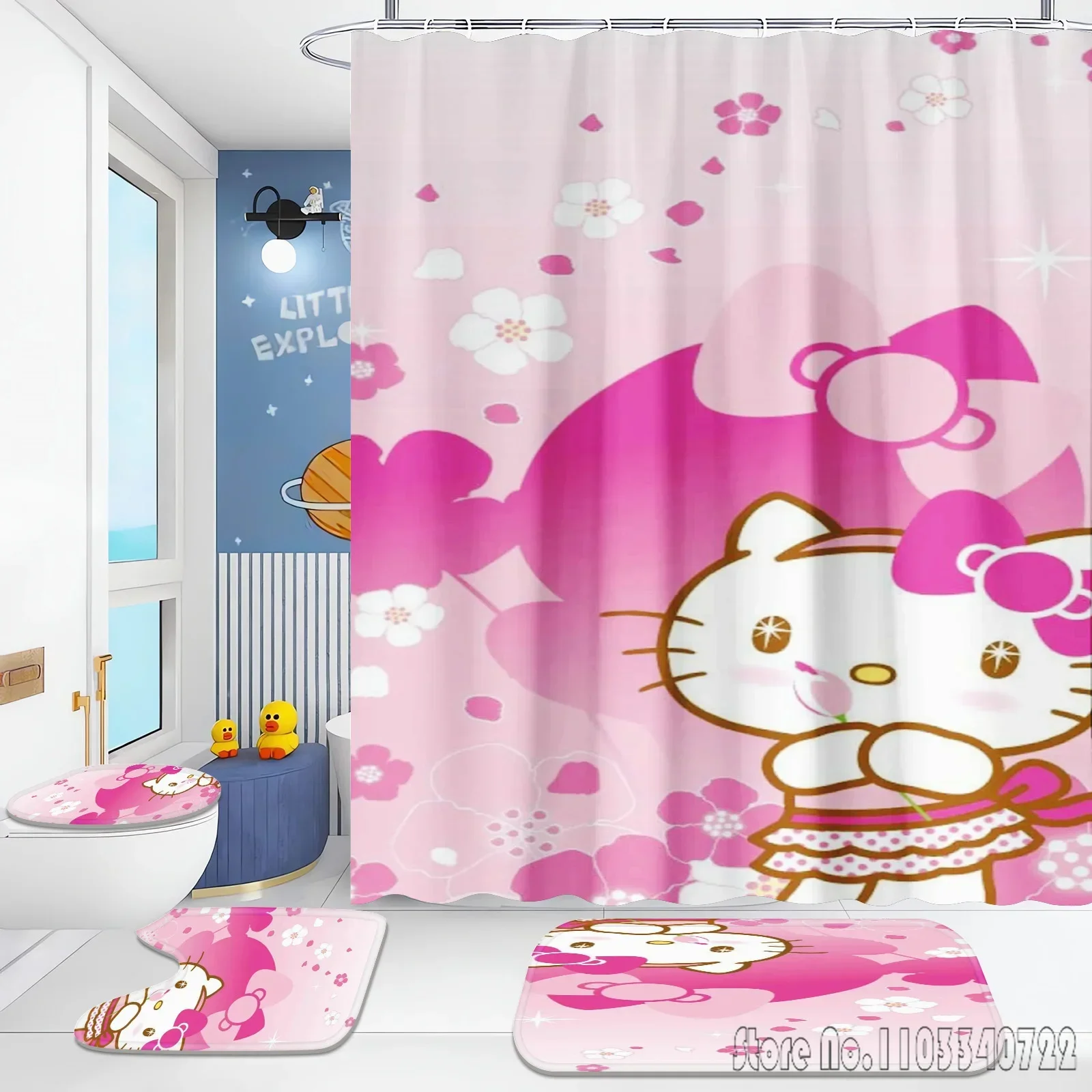 Hello Kitty Home  Shower Curtain 4 Piece Bathroom Set Mats And Waterproof Accessories Sets Luxury Curtains For Anime