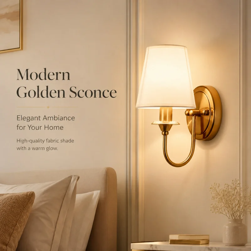 Modern Wall Sconce with White Fabric Shade E27 Gold Wall Lamp Bedroom Living Room Bathroom Vanity Light Fixture