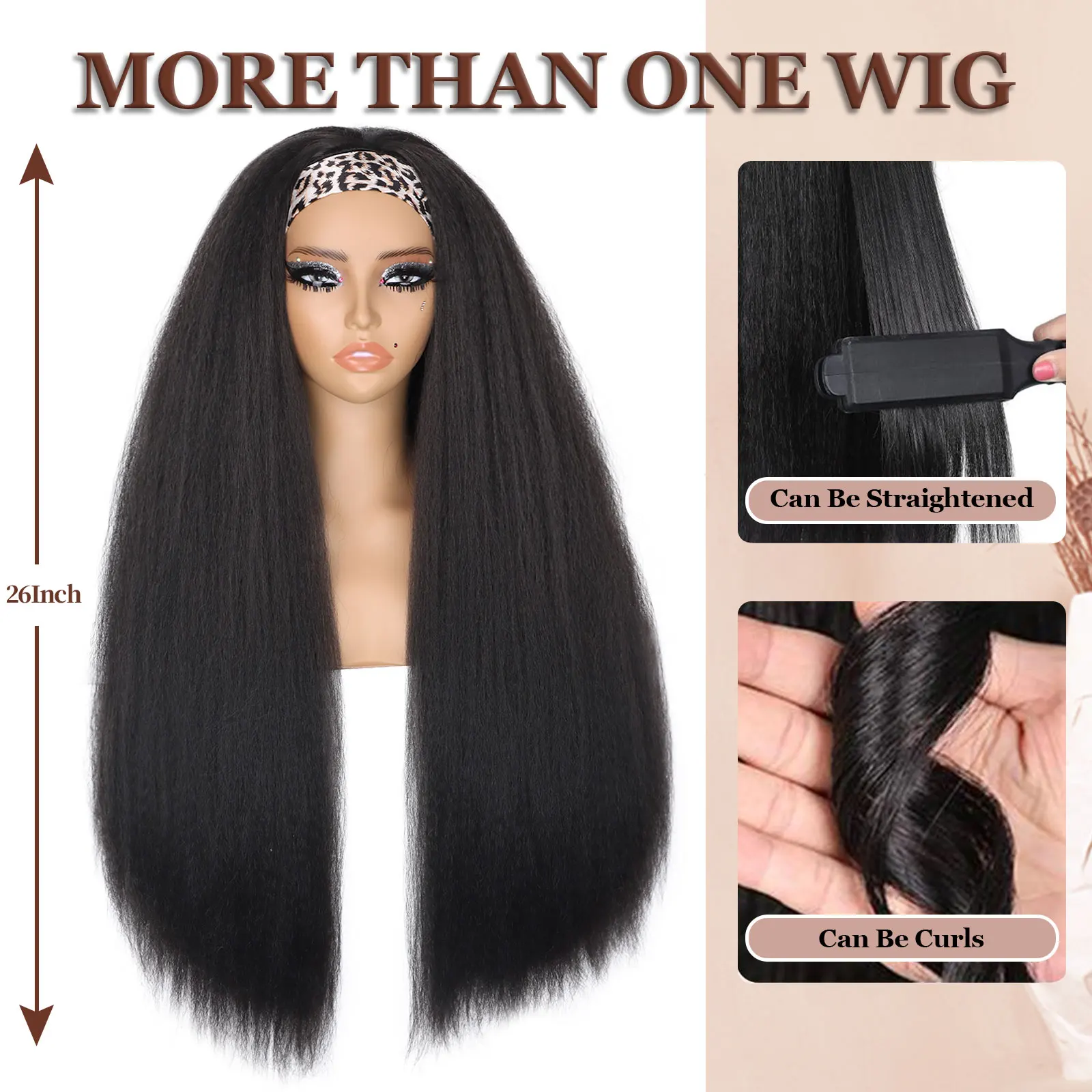 Kinky Straight Stirnband-Perücke aus Synthetik für Frauen, Yaki Straight Perücken mit schwarzem Stirnband, einfach zu stylen, ohne Spitzenfront, ohne Kleber – Detail 4