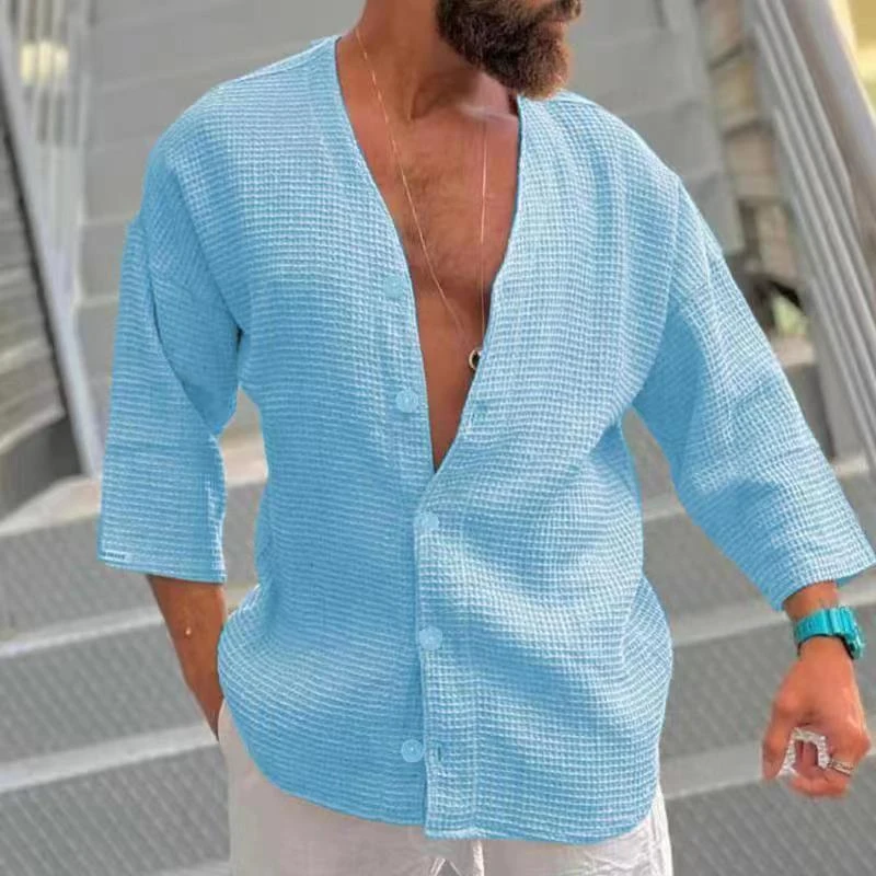 

New Casual Waffle Tops Shirt Men Leisure Long Sleeve Turn-down Collar Button Pure Color Shirts Fashion Loose Mens Clothes Shirt