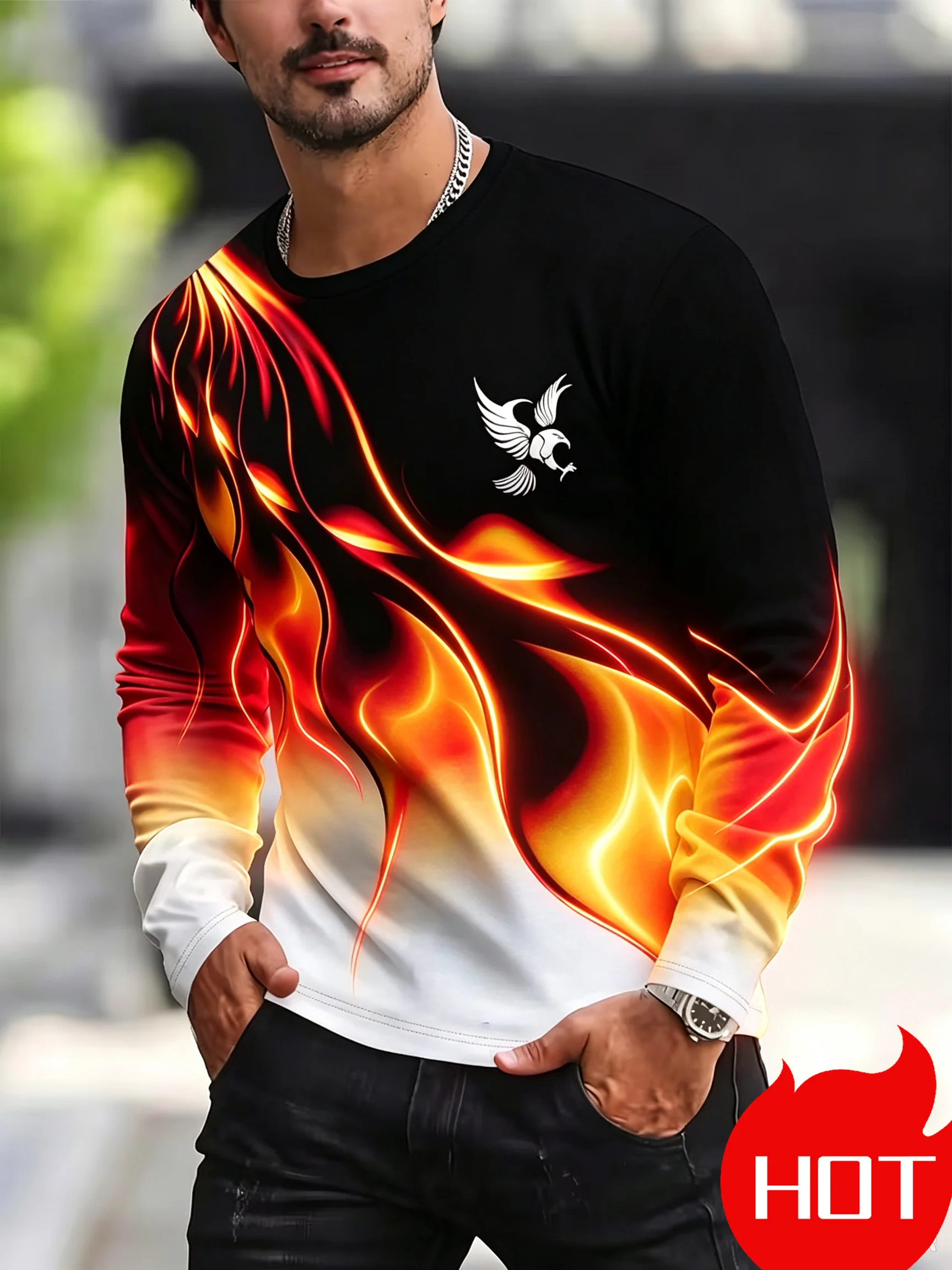 Men's Flame 3D Print Long Sleeved T-shirt Fashion round neck casual top multi-color pattern T-shirt daily street men's clothing