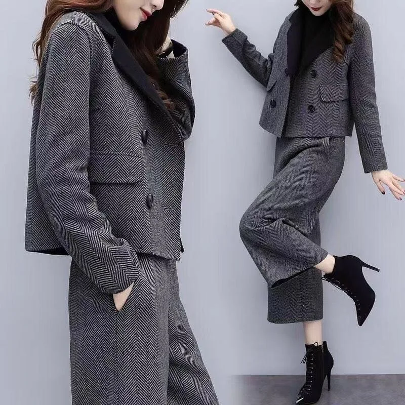 Autumn Winter Fashion Sets Women Top grade Woolen Coat Wide leg pants Leisure Sets 2024 Korean Wool Coat Two-Piece Sets