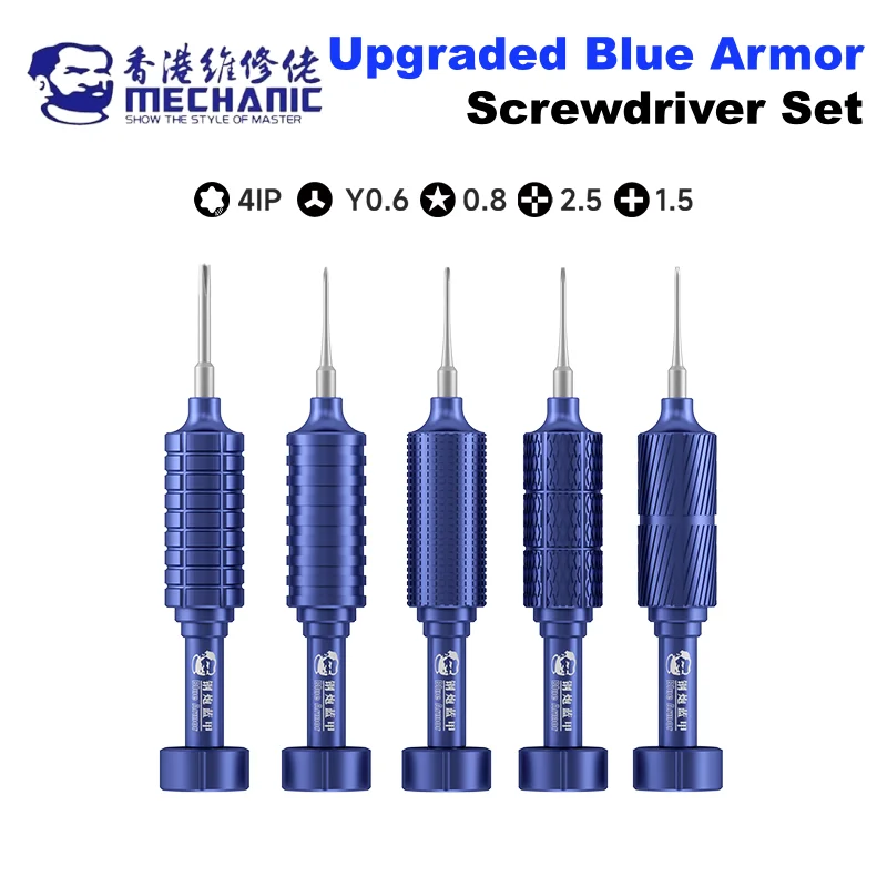 Zestaw wkrętaków Mechanic Blue Armor 5 w 1, magnetyczny, antypoślizgowy, do demontażu iPhone 17, telefonów Android, dolnych i wewnętrznych elementów.