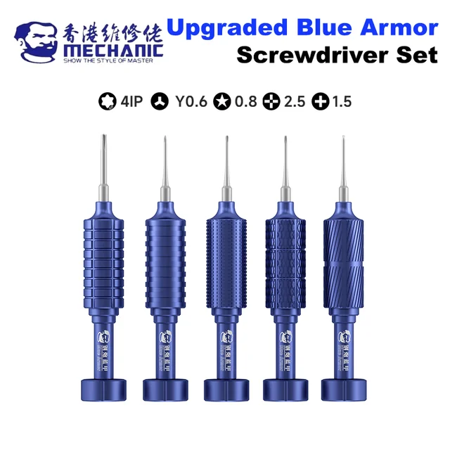 Zestaw wkrętaków Mechanic Blue Armor 5 w 1, magnetyczny, antypoślizgowy, do demontażu iPhone 17, telefonów Android, dolnych i wewnętrznych elementów.