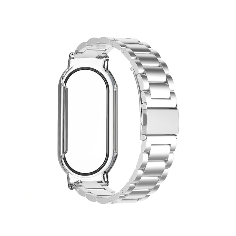 

For Xiaomi Mi Band 7 / 7 NFC Integrated Watch Strap+PC Case+Tempered Glass Screen Protector Metal Smart Bracelet Strap - Silver