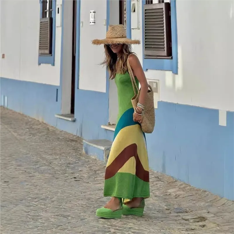 Damska sukienka imprezowa z dekoltem w szpic z nadrukiem Letnia elegancka sukienka z wysokim stanem Długie sukienki New 2025 Wakacyjna sukienka Bodycon Boho Vestidos