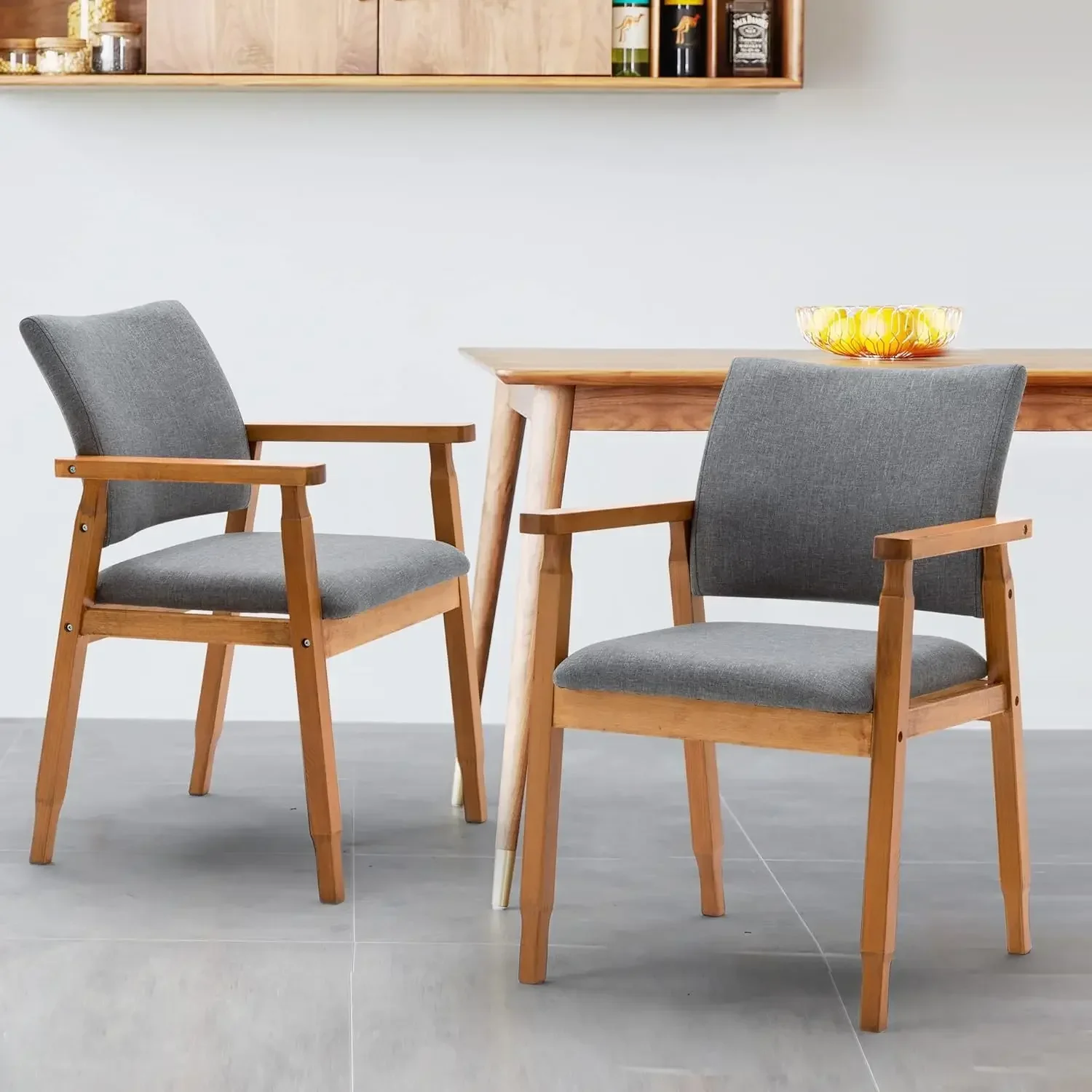 Set Of 4 Mid  Modern Walnut Dining Chairs Wood Arm Grey Fabric Kitchen Cafe Living Room Decor Furniture