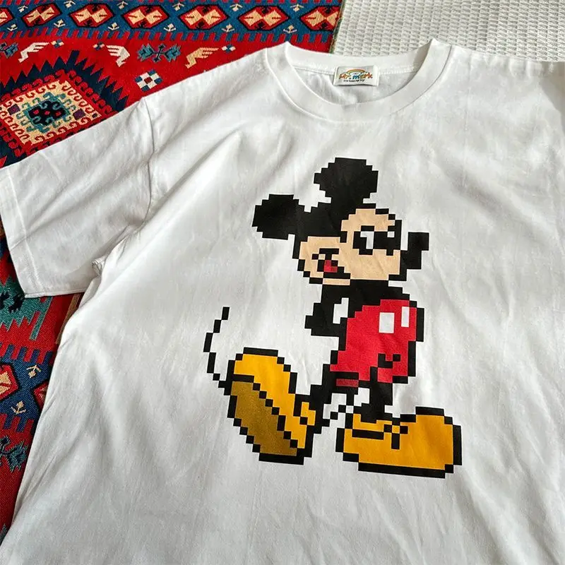 ديزني بيكسل ميكي بسيط الكرتون أنيمي طباعة أزياء المرأة عالية الجودة طاقم الرقبة تي شيرت فضفاض كبير الحجم قصيرة الأكمام أعلى #3