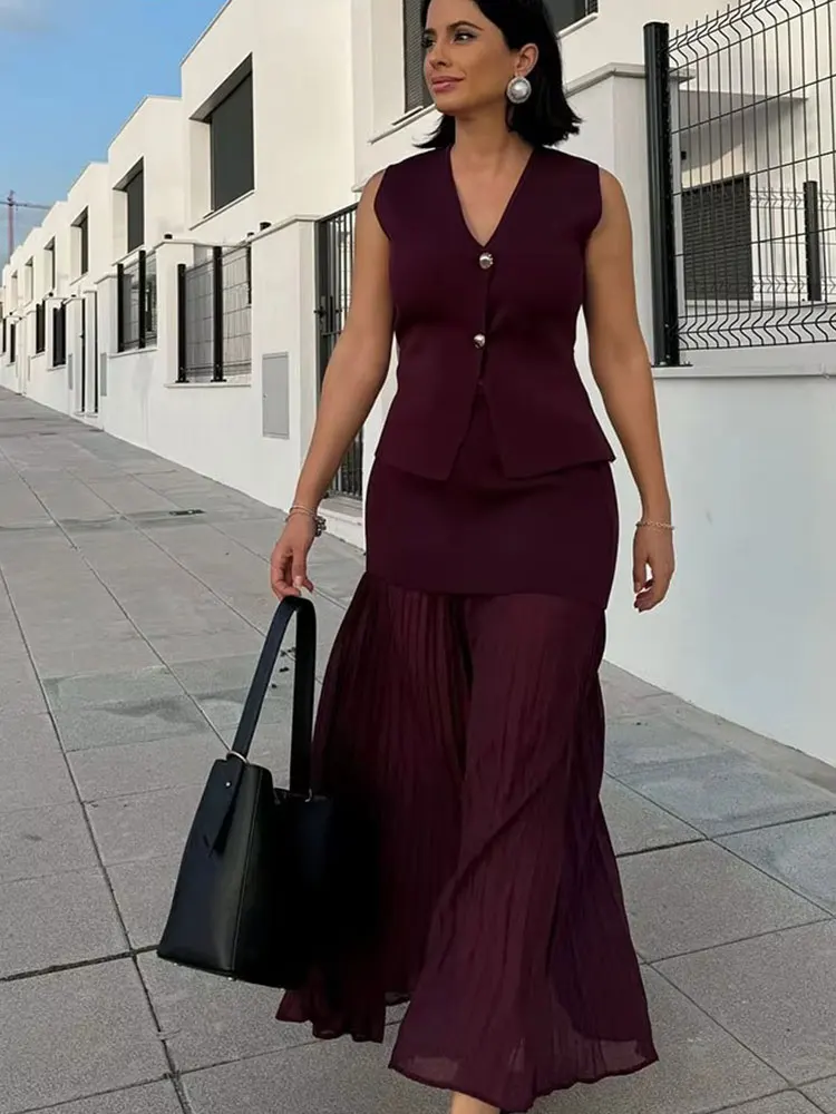 HH Women 2 Piece Set V-Neck Sleeveless Button Knitted Vest Top+Elegant Splicing High Waist Zipper Long Skirts Holiday Suits