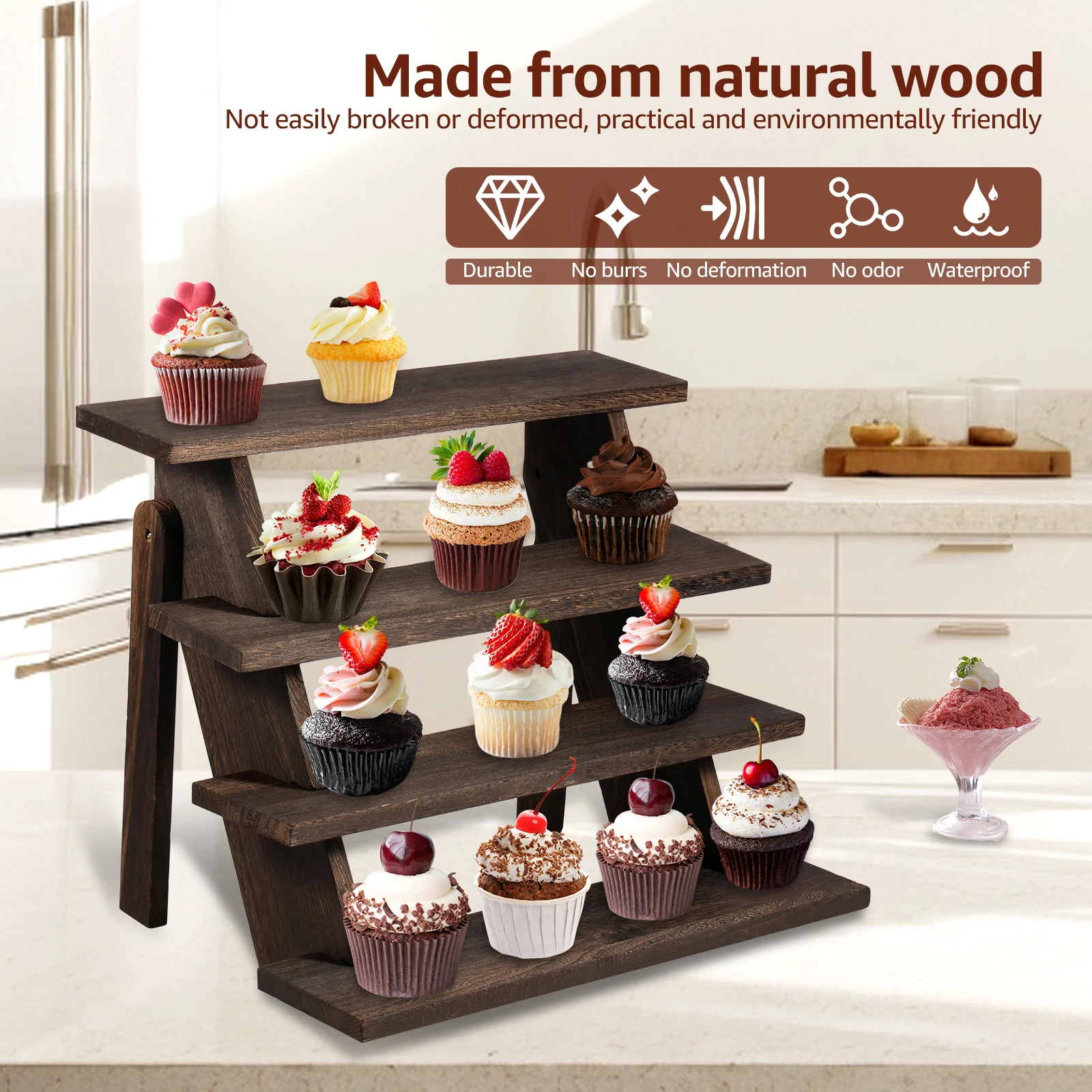 4-Tier Wooden Display Stand Retail Display Rack Cupcake Stand Flower Pot Storage Rack Space Saving for Vendor Home Wedding Party