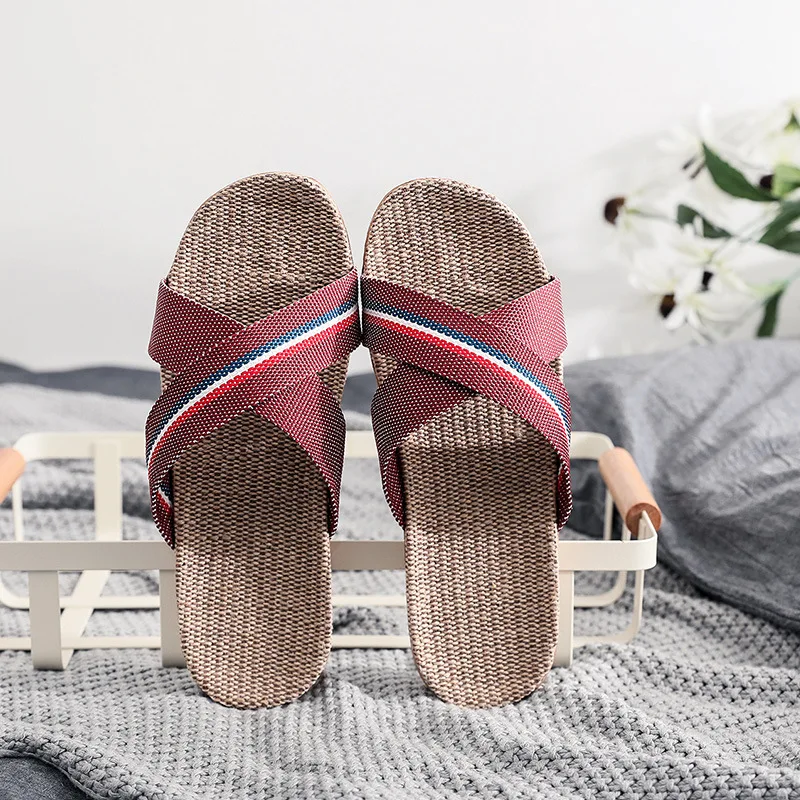 Mnterrm New Style Slippers For Summer Home Men And Women Summer Linen Lovers Home Soles Anti-Slip Indoor Sandals Women Summer