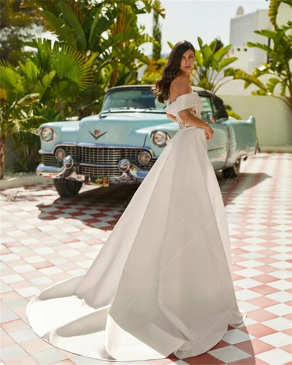 Boho Boat Collar Satin Lace High Quality Wedding Dress Button Back Sheath Bridal Party Dress with Detachable Train Custom Made