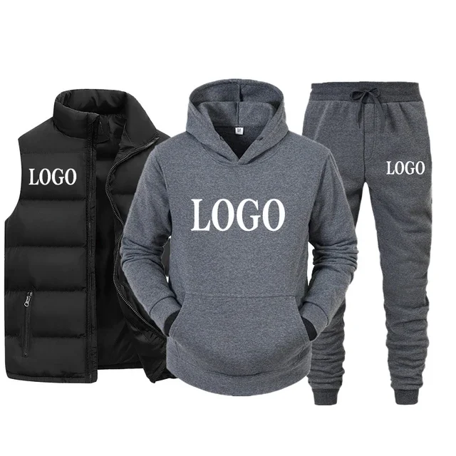 Custom LOGO Men Tracksuit Brand Vest + Hooded Sweatshirt + Pants 3 Piece Set Spring Autumn Fashion Streetwear Male Sportswear