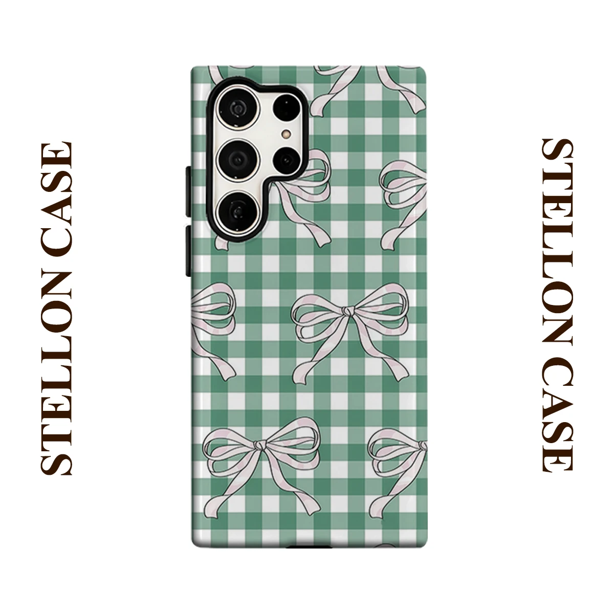 Green Gingham Bow Phone Case for Samsung Galaxy S25 Ultra S24 S23 Ultra Plus Glossy Double-layer Back Cover