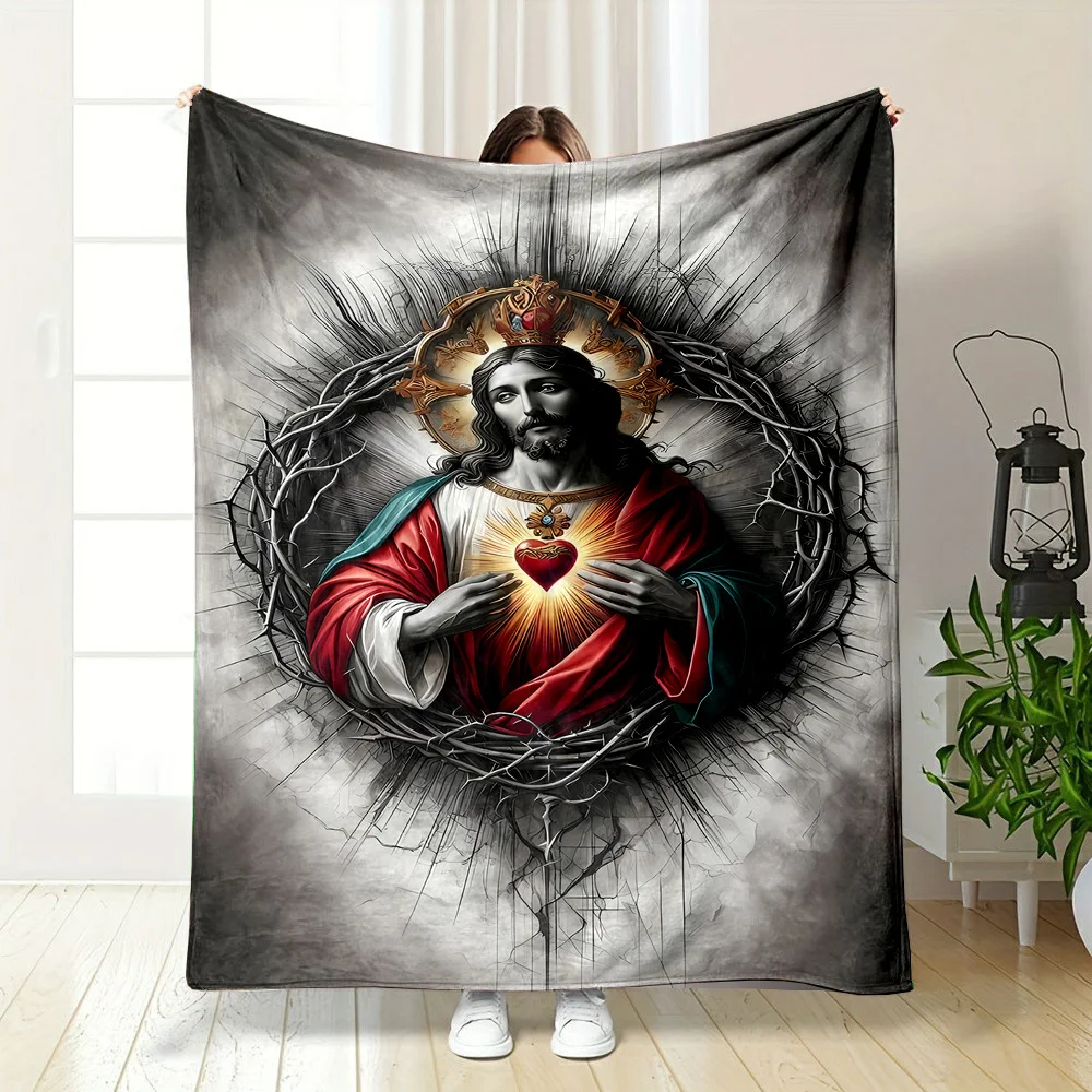 Gray Tone Sacred Heart Art Throw Blanket, Vintage Portrait Soft Flannel Blanket for Sofa Bedroom Camping Room Wall Decoration