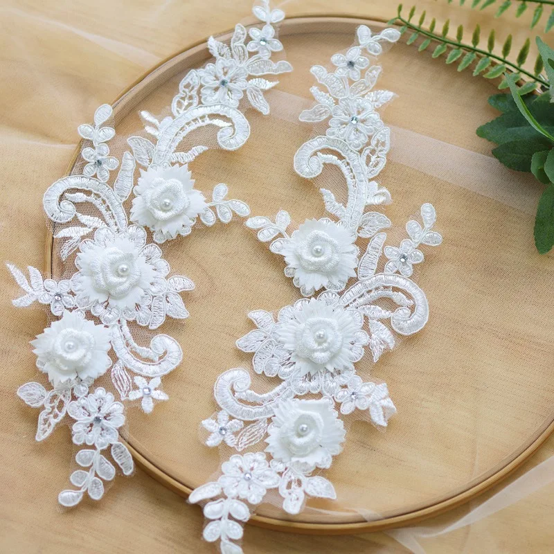 3 Pairs  White 3D Embroidered Diamond Lace Flower Wedding Dress DIY Decorative Clothing Accessories