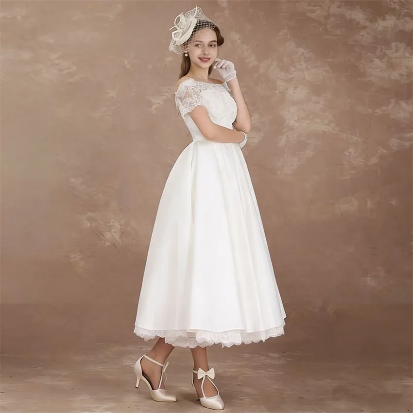 Customized Elegant Short Sleeves Midi Wedding Dresses for Women Lace Boat Neck Tea Length A-Line Bride Gowns Vestidos De Novia image 4