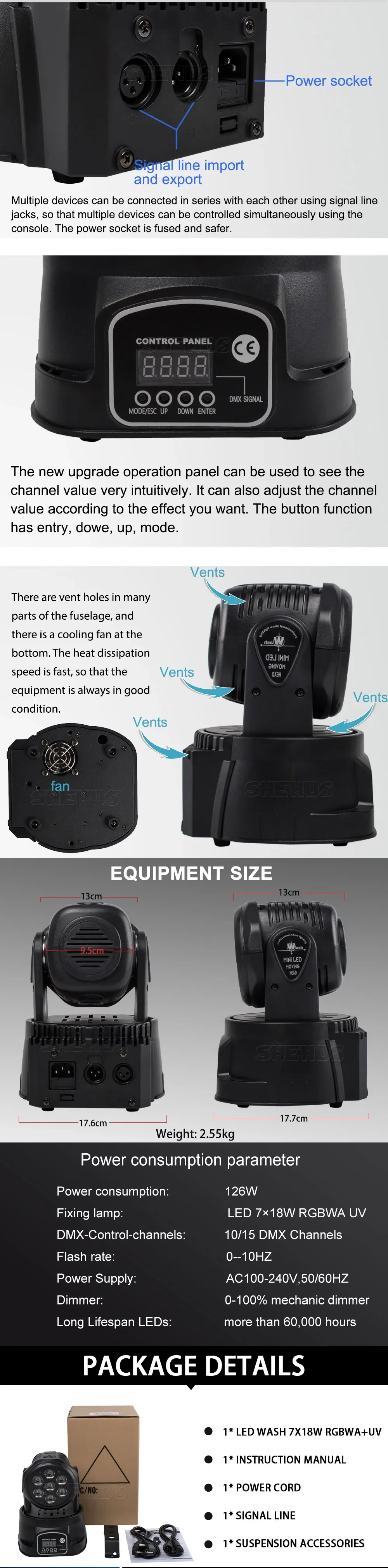 7x18w RGBWA UV 6in1 LED Moving Head Mini Waschen Licht Für DJ Party Disco Nachtclub DMX512 bühnen Beleuchtung – Detail 4