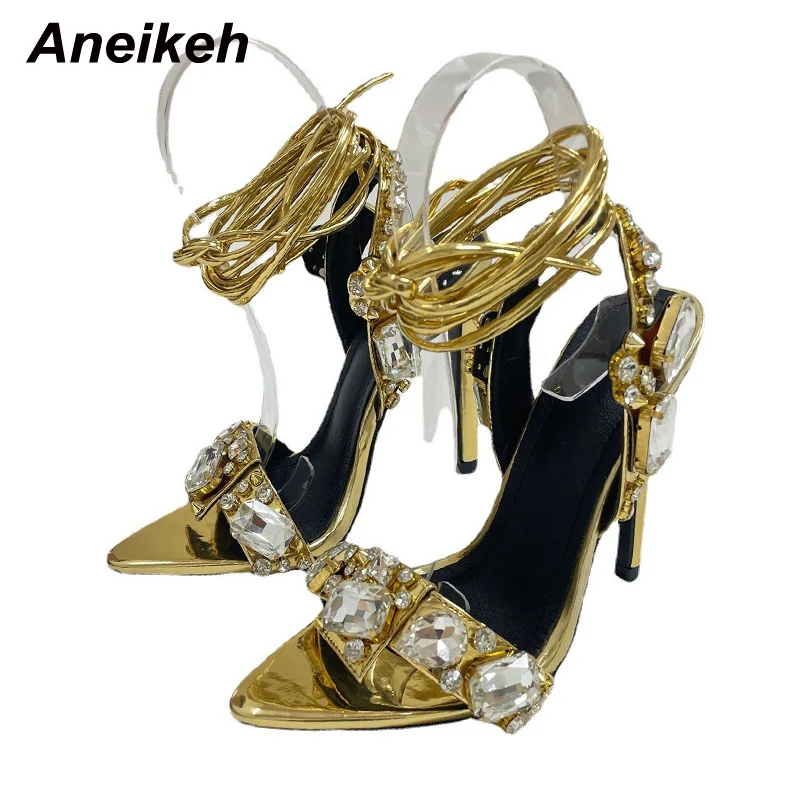 Aneikeh 2024 Summer Golden Sandals High Heels Women Diamond Bling Crystalpointed bandage Shoes Ankle Buckles Strap Sandals 35-42