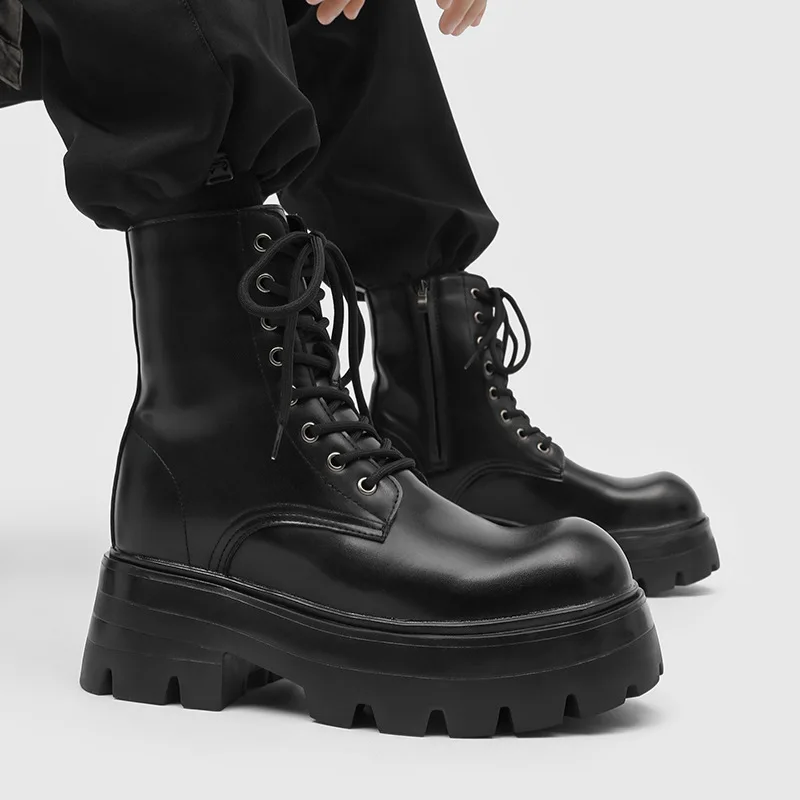 British Style Men Fashion Stage Nightclub High Motorcycle Boots Black Trendy Genuine Leather Shoes Cowboy Platform Botas Hombre