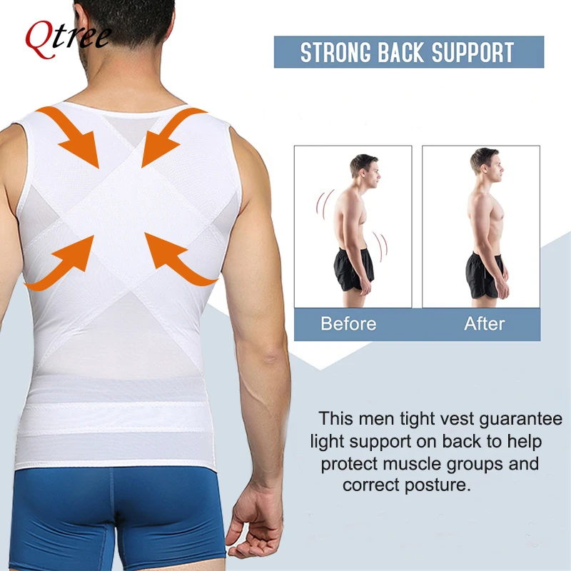 Qtree Mens Compression Slimming Body Shaper Vest Hooks Sleeveless Undershirt Weight Loss Tummy Control Waist Trainer Corset