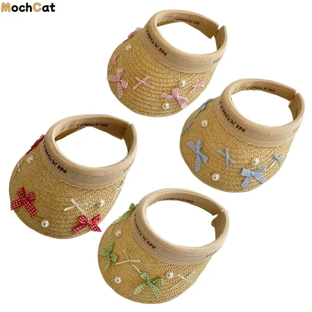 

Bowknot Kids Summer Straw Hat Empty Top UV Protection Large Brim Sun Visor Cap Wide Brim Breathable Empty Top Baseball Cap