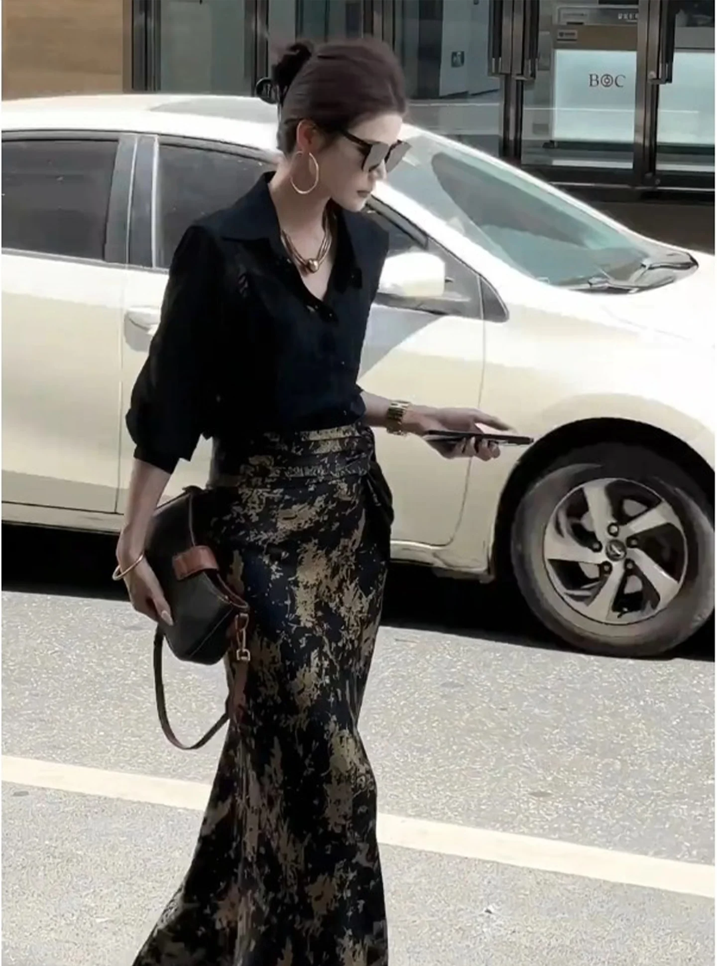 

Ele Bla irt и юбка с принтом, комплект из двух предметов для женщин, весенняя мода, высококачественный сенсорный воротник на пуговицах