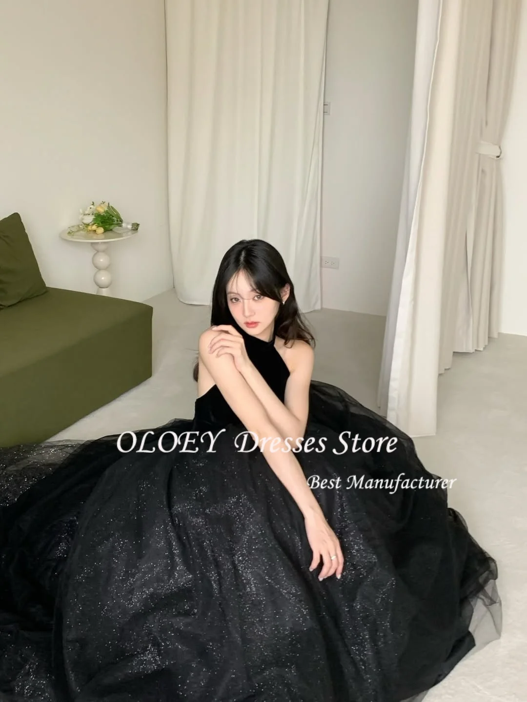 فستان OLOEY أسود على شكل حرف a مع رسن لامع للحفلات الراقصة من التول كوريا لحفلات الزفاف وأداء التقطت الصور ثوب مسائي فاخر مخصص