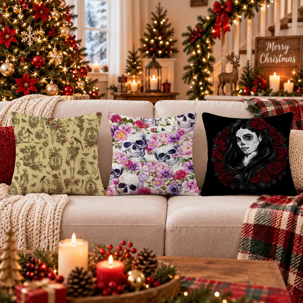 Undead Flower Skeleton Cushion Cover Cushion Cover Soft Plush Cushion Covers Fluffy Throw Pillow Cases for Sofa Bedroom
