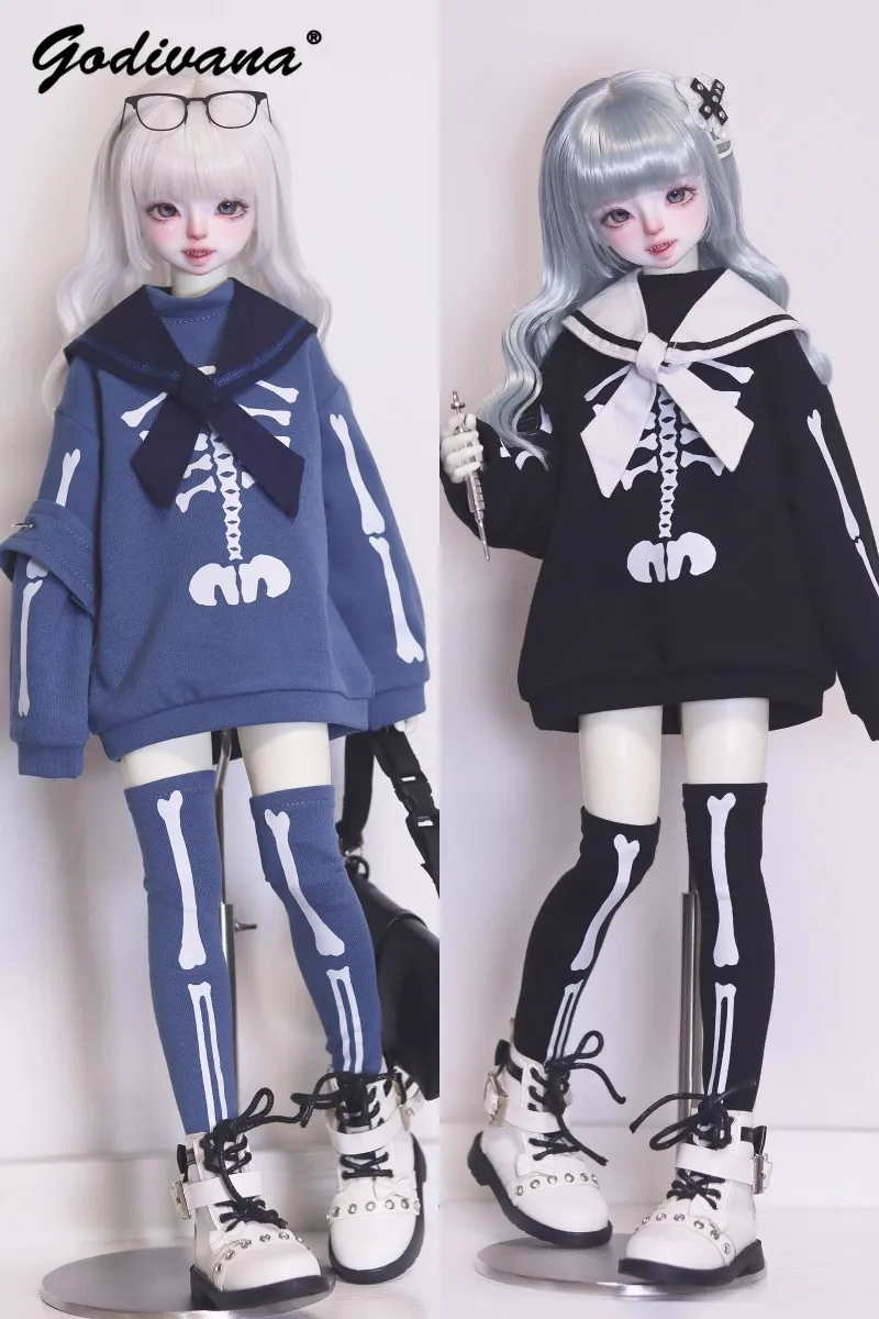 Gothic Punk Y2K 1/4 1/6 BJD Doll Outfit Sailor Collar Sweatshirt with Bone Print Skeleton Pattern Thigh High Socks Doll Costume