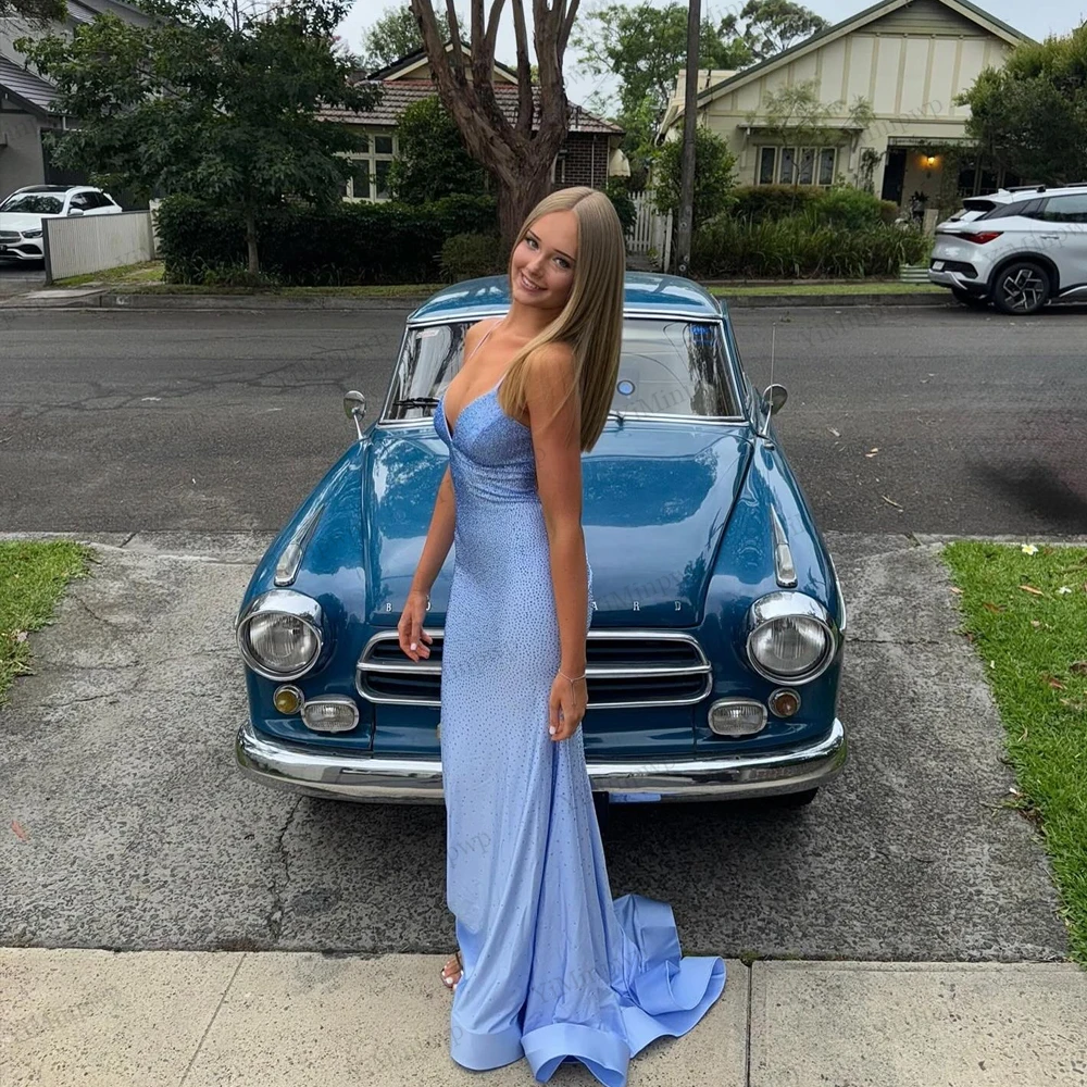 فستان حفلة موسيقية أزرق لامع أشرطة سباغيتي حورية البحر على شكل حرف v بدون ظهر مثير لحفلات الزفاف فساتين الضيوف vestidos de fiesta Elegante حسب الطلب #3