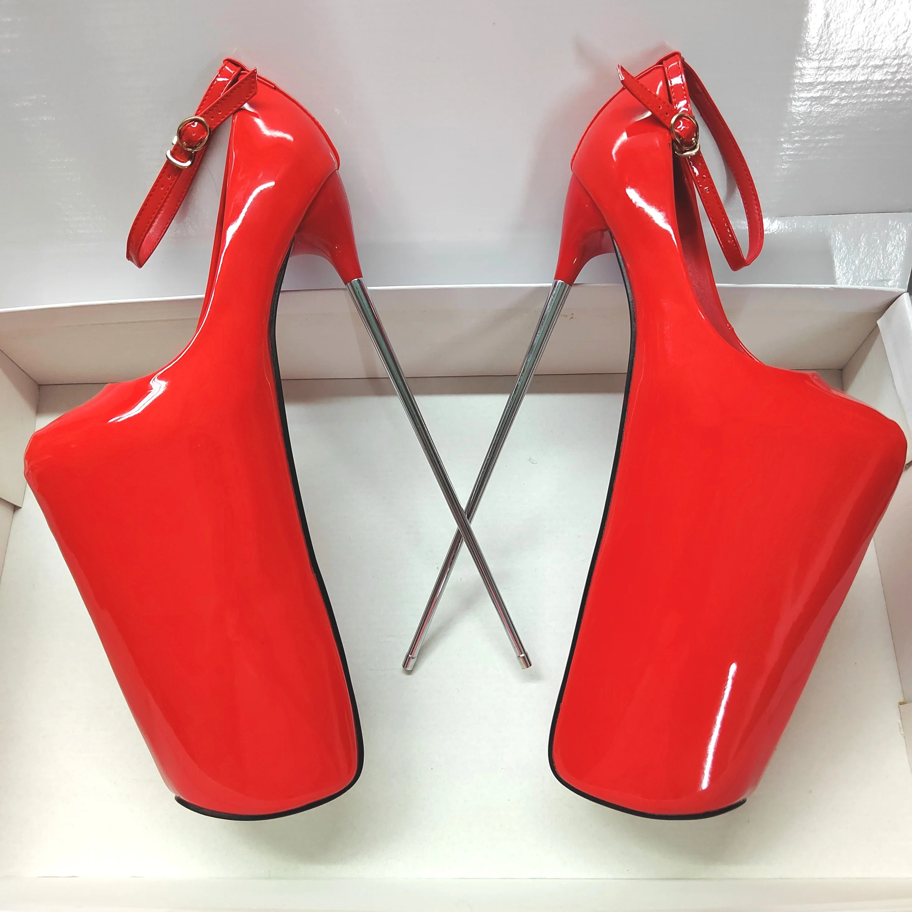 Crossdresser Stilettos Sexy 30cm Metal Ultra Thin High Heels Round Toe Shoes Woman Waterproof 12 Inches Red Pumps Zapatos Mujer