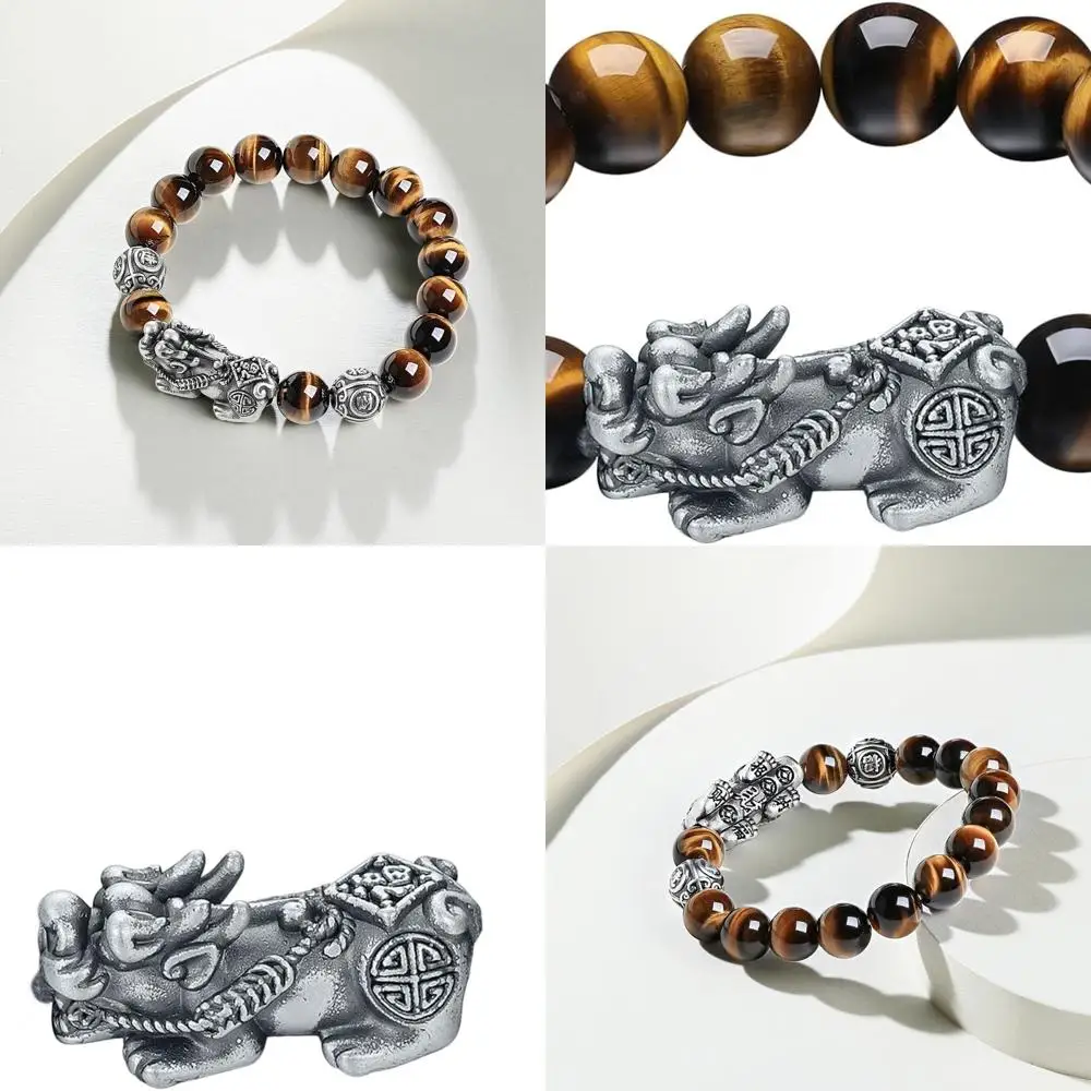 

Men's Silver Stretch Bracelet with Natural Beads, Obsidian, Petrified Wood, and Pixiu Charm for Feng Shui and Good Luck