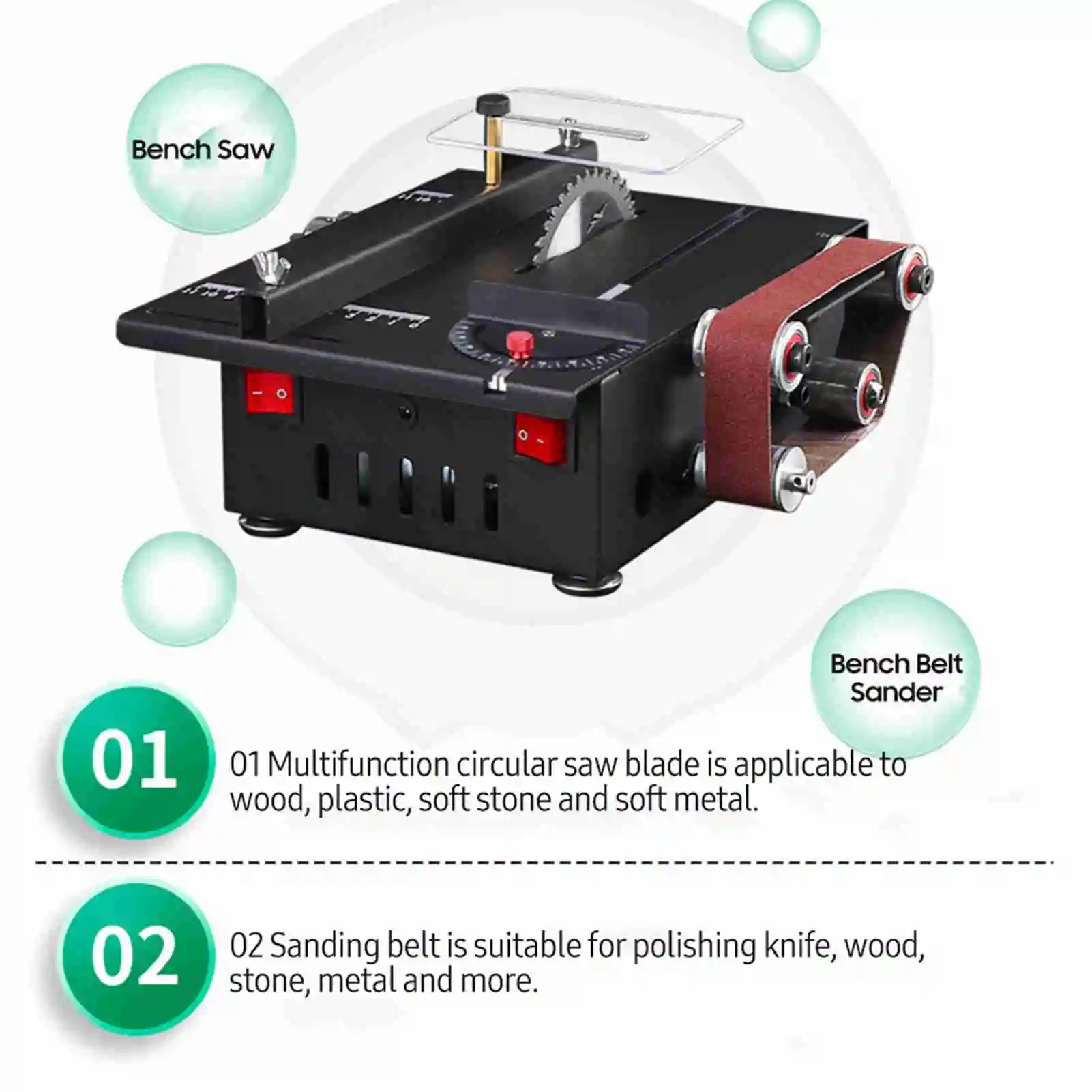 200W Mini Bench Saw and Belt Sander with Extension Rod, Collet, Grinding Carving Drilling Kit, Variable Speed Circular Table Saw