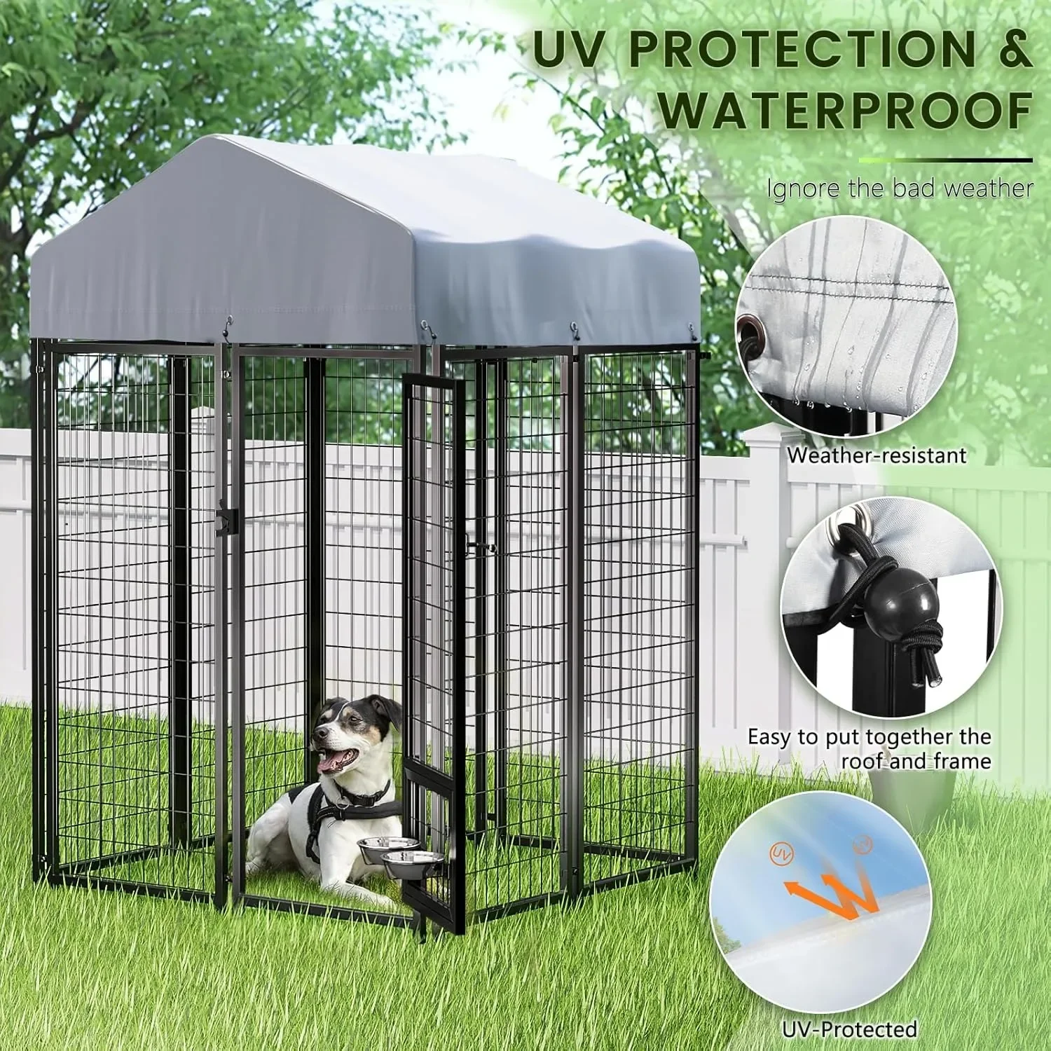 4x4x6フィートの大型屋外犬小屋、回転犬ボウル付き、高耐久溶接ワイヤードッグラン、犬用ベビーサークルフェンス(4x4x6フィート)