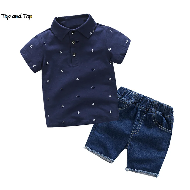 top and top Summer Kids Boys Gentleman Clothing Sets Short Sleeve Polo Shirts+Jeans Shorts 2PCS Suits Little Boy Casual Outfits