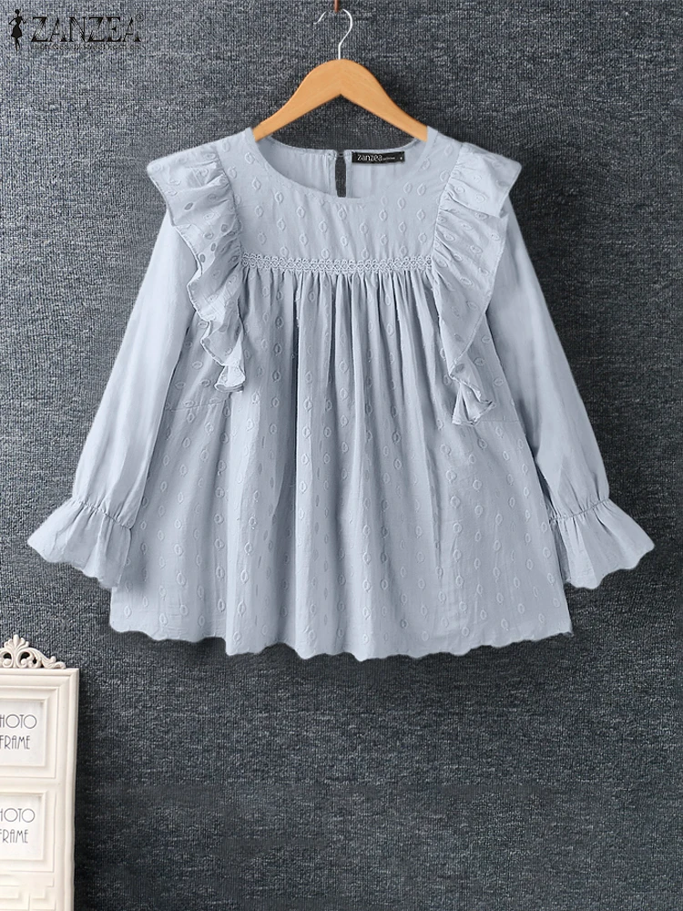 2024 ZANZEA Women Flared Long Sleeve Blouses Vintage Solid Shirts Casual Textured Fabric Blusas Sweety Ruffled Edge Chemises