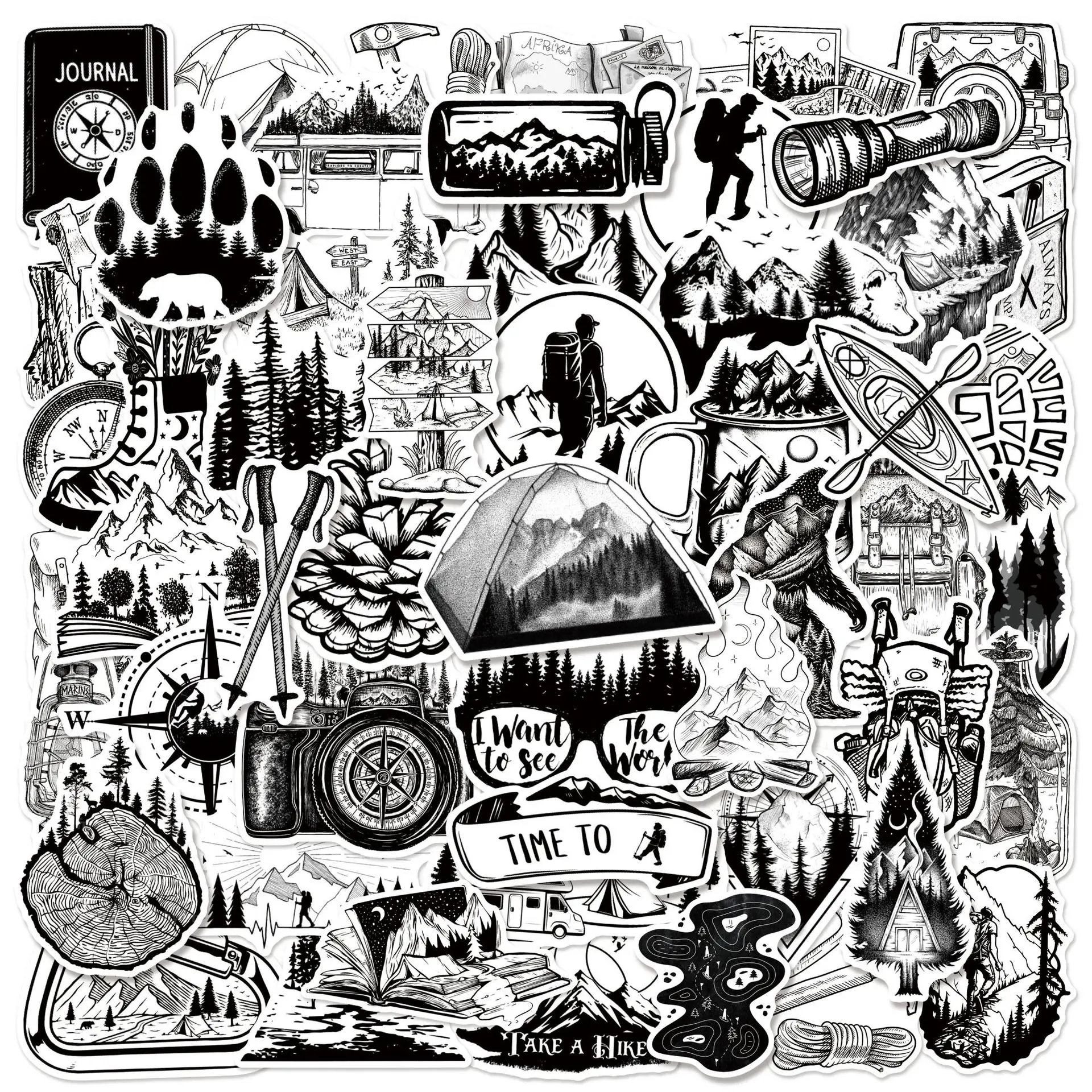 50 pçs caminhadas ao ar livre escalada de montanha adesivos preto branco graffiti decoração diy notebook mala guitarra geladeira decalques