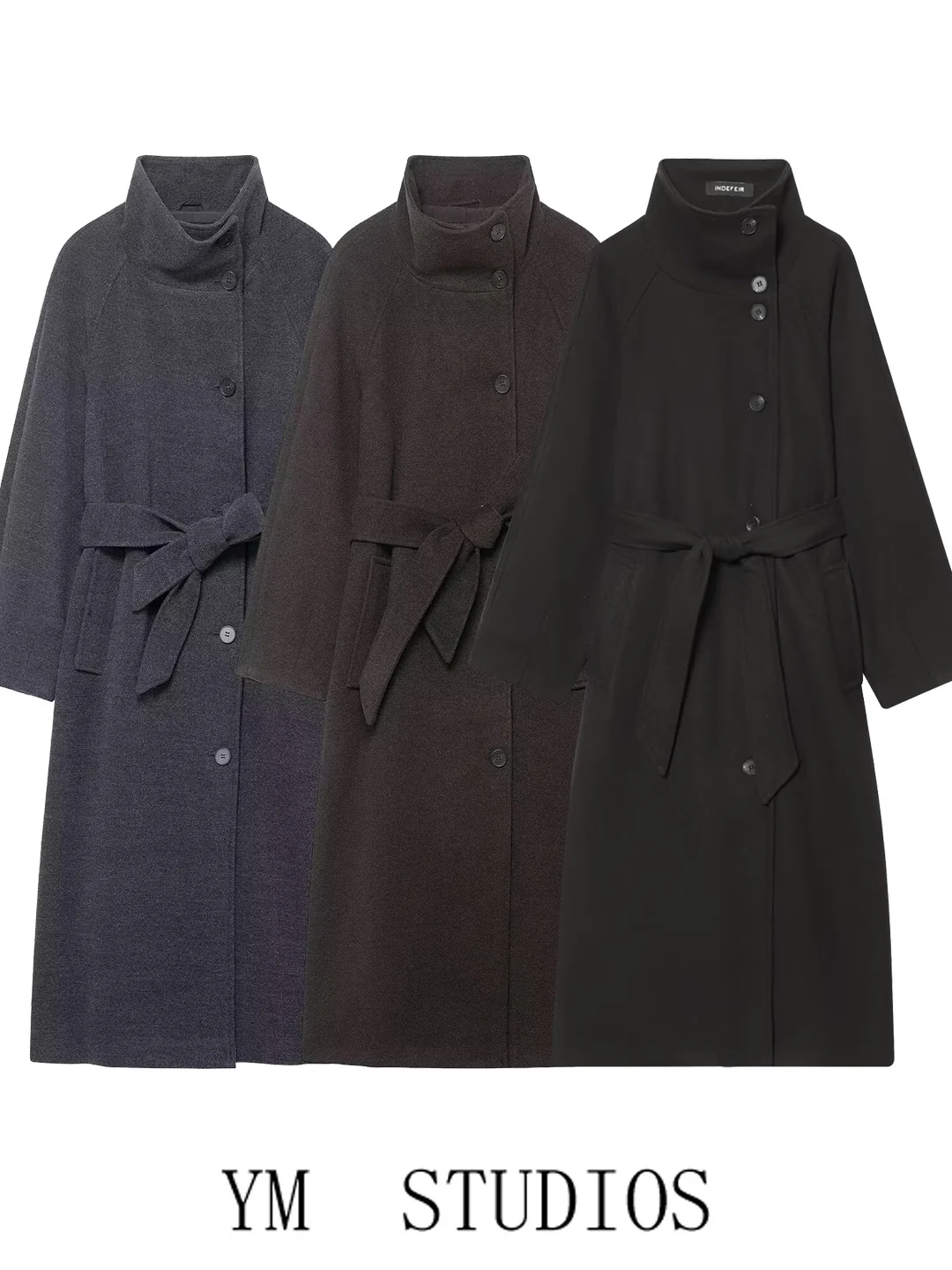 

Ele Long Woolen Coat Women's Faionable Commute Sle High Waist Stand Collar Belted Outerwear Spring Season Youth Size