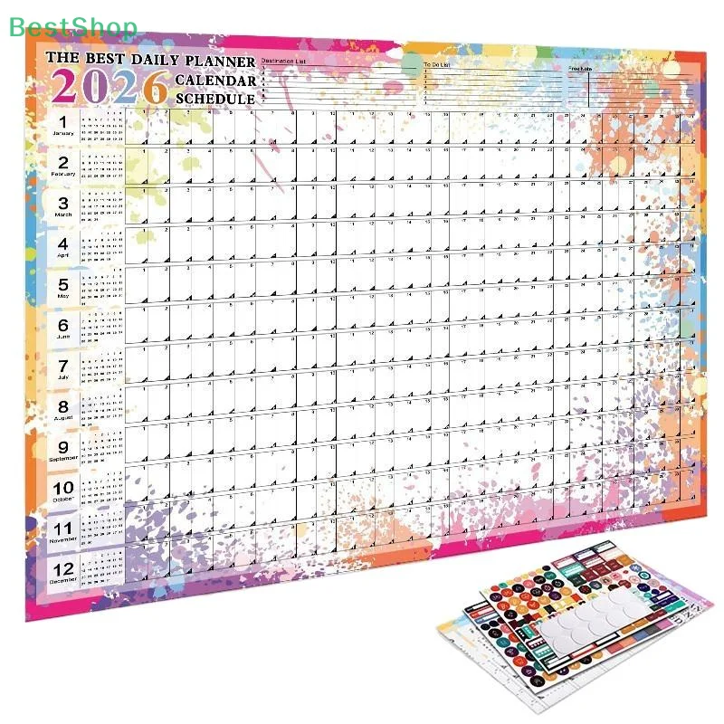 2026 Yearly Wall Calendar Poster With Stickers Large Planning Schedule Home Office Organization Time Management Tool Schedule