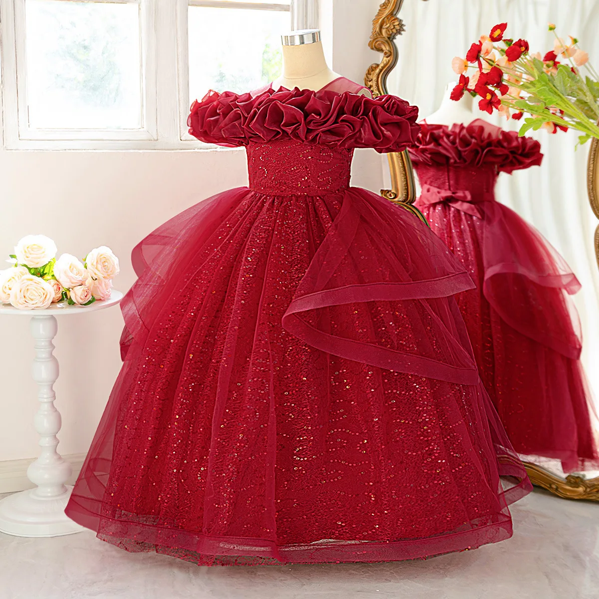 

Элегантное платье подружки невесты с цветочным узором для девочек, торжественное платье принцессы на свадьбу, день рождения, тюлевое складное блестящее платье для девочек на Рождество и выпускной