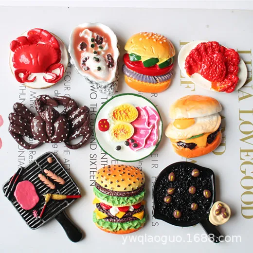 Food Fridge Magnet Fake Hamburger Roast Crab Oyster Egg Resin Refrigerator Magnets Cute Mini Magnet Kitchen Decor Accessories