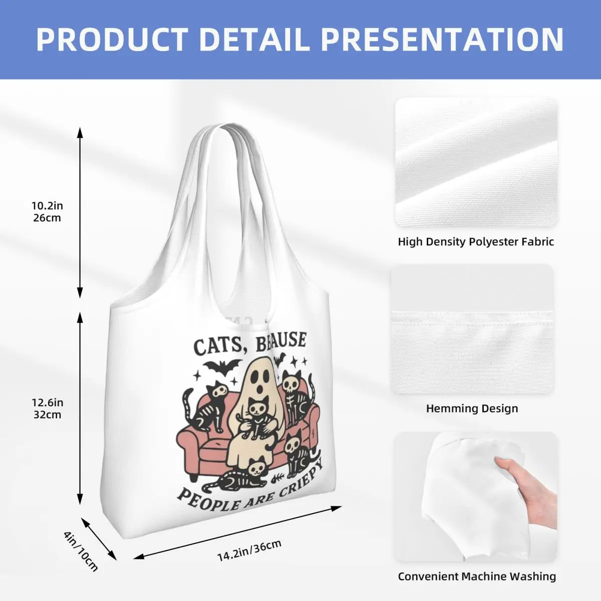 Creepy Cats And Ghostly Tales Funny Halloween Print Cotton Tote Bag - Casual Commuter Shoulder Bag for Grocery Shopping